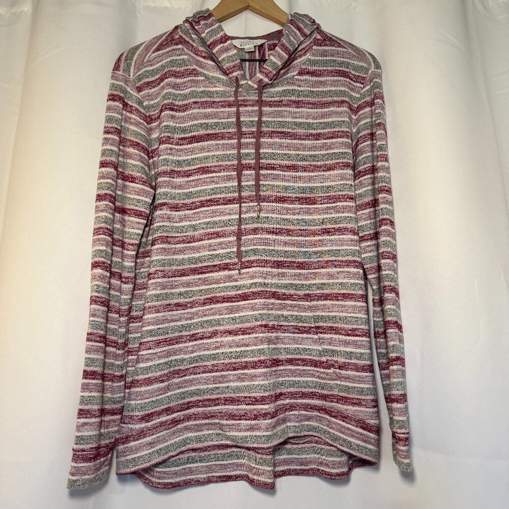 Market & Spruce Perine Hoodie Knit Top Womens L Dark Pink Gray Kangaroo Pocket